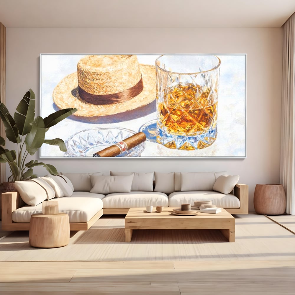 Tablou Canvas Premium, LuxCanva® N1032, Whisky si Fum, Trabuc, Pahar, Bautura, Palarie, Whisky, Lux, Elegant, Masculin, Cubanez, Pub, Bar, Restaurant, Bucatarie