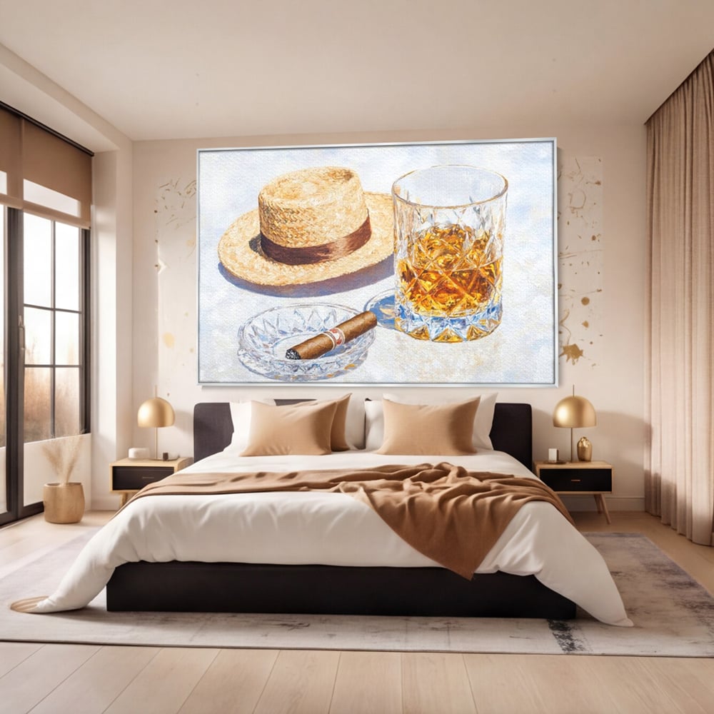 Tablou Canvas Premium, LuxCanva® N1032, Whisky si Fum, Trabuc, Pahar, Bautura, Palarie, Whisky, Lux, Elegant, Masculin, Cubanez, Pub, Bar, Restaurant, Bucatarie