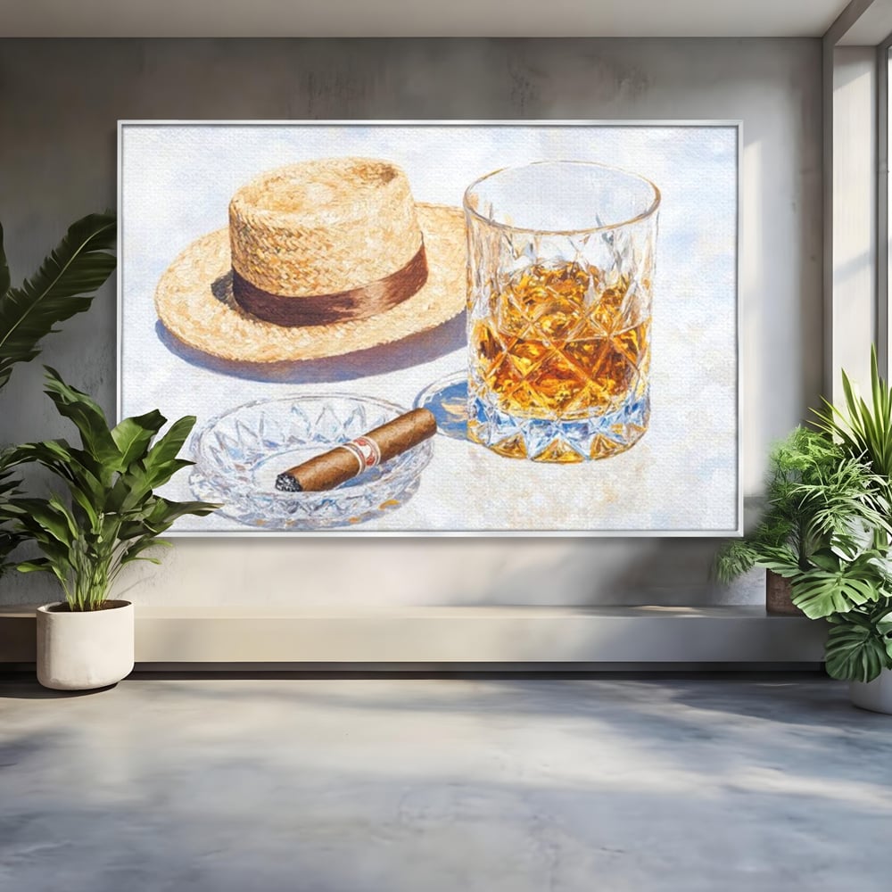 Tablou Canvas Premium, LuxCanva® N1032, Whisky si Fum, Trabuc, Pahar, Bautura, Palarie, Whisky, Lux, Elegant, Masculin, Cubanez, Pub, Bar, Restaurant, Bucatarie
