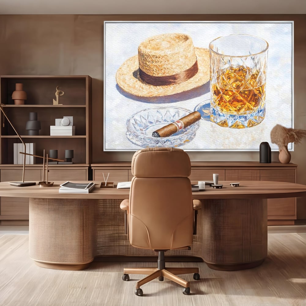 Tablou Canvas Premium, LuxCanva® N1032, Whisky si Fum, Trabuc, Pahar, Bautura, Palarie, Whisky, Lux, Elegant, Masculin, Cubanez, Pub, Bar, Restaurant, Bucatarie