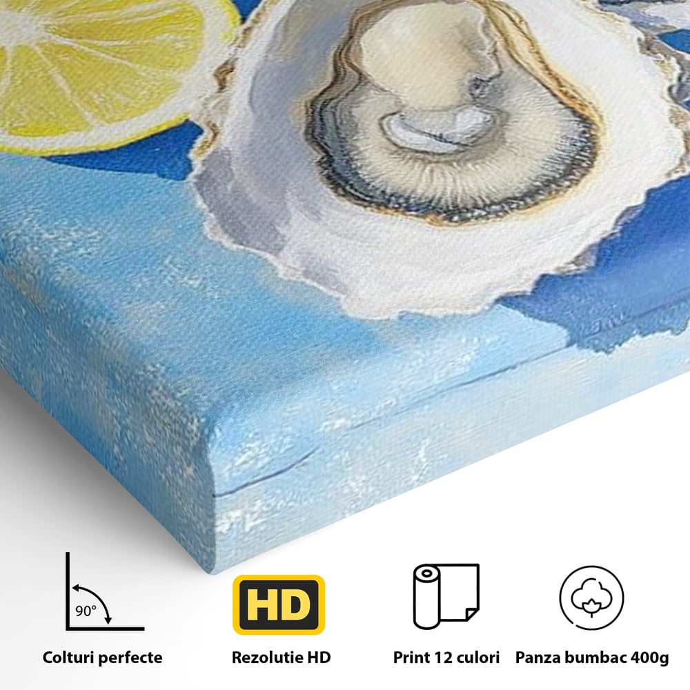 Tablou Canvas Premium, LuxCanva® N1033, Gustul Oceanului, Scoici, Stridii, Lamaie, Mare, Mediteranean, Aperitiv, Mancare, Deliciu, Gourmet, Rafinament, Restaurant, Bucatarie