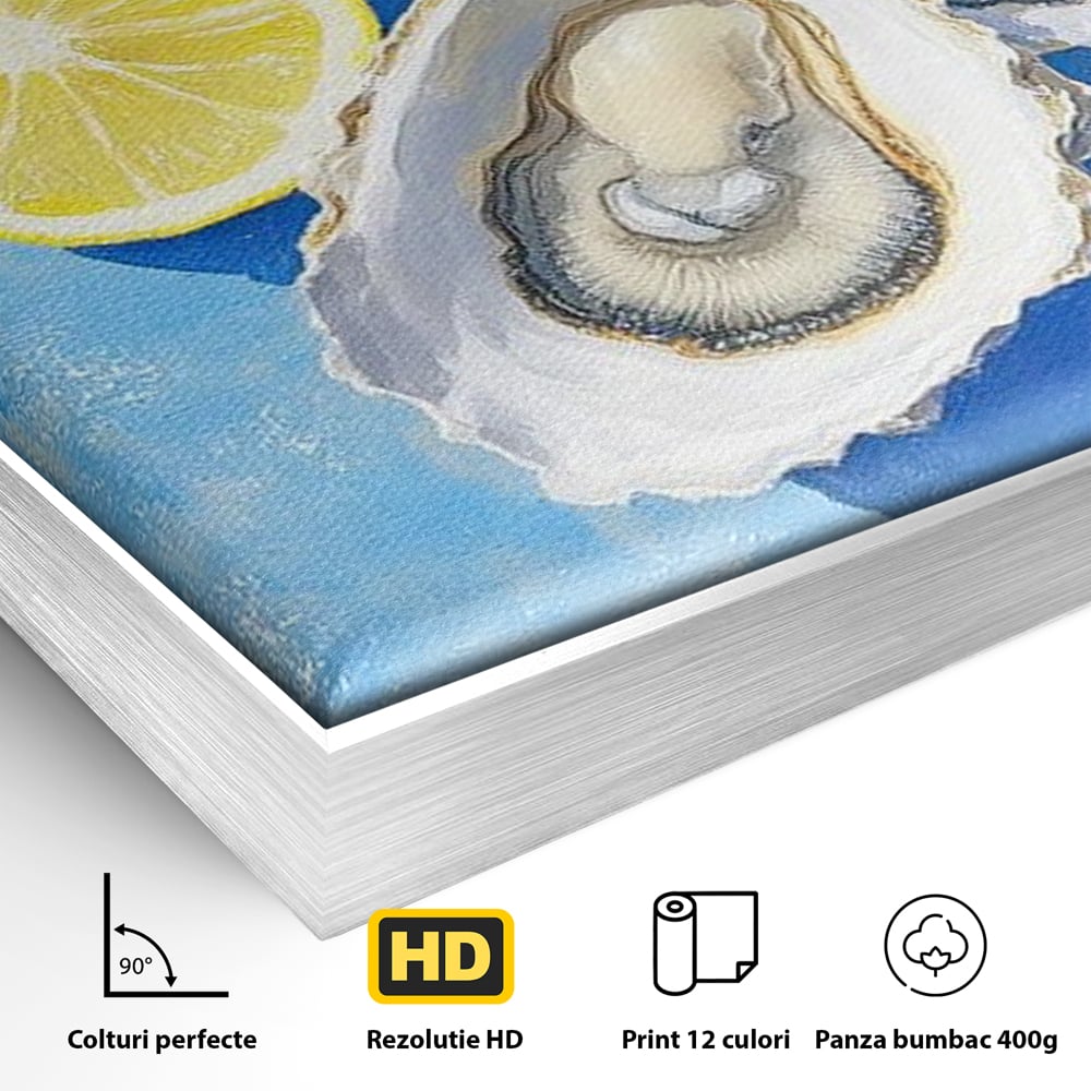 Tablou Canvas Premium, LuxCanva® N1033, Gustul Oceanului, Scoici, Stridii, Lamaie, Mare, Mediteranean, Aperitiv, Mancare, Deliciu, Gourmet, Rafinament, Restaurant, Bucatarie