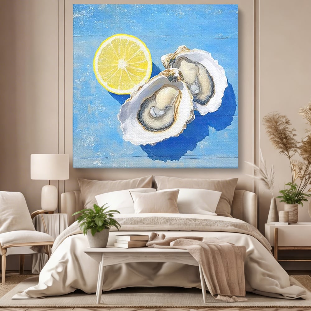 Tablou Canvas Premium, LuxCanva® N1033, Gustul Oceanului, Scoici, Stridii, Lamaie, Mare, Mediteranean, Aperitiv, Mancare, Deliciu, Gourmet, Rafinament, Restaurant, Bucatarie