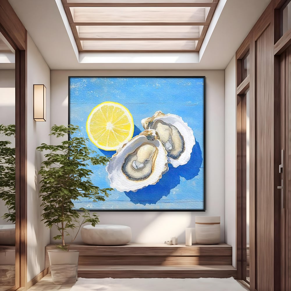Tablou Canvas Premium, LuxCanva® N1033, Gustul Oceanului, Scoici, Stridii, Lamaie, Mare, Mediteranean, Aperitiv, Mancare, Deliciu, Gourmet, Rafinament, Restaurant, Bucatarie