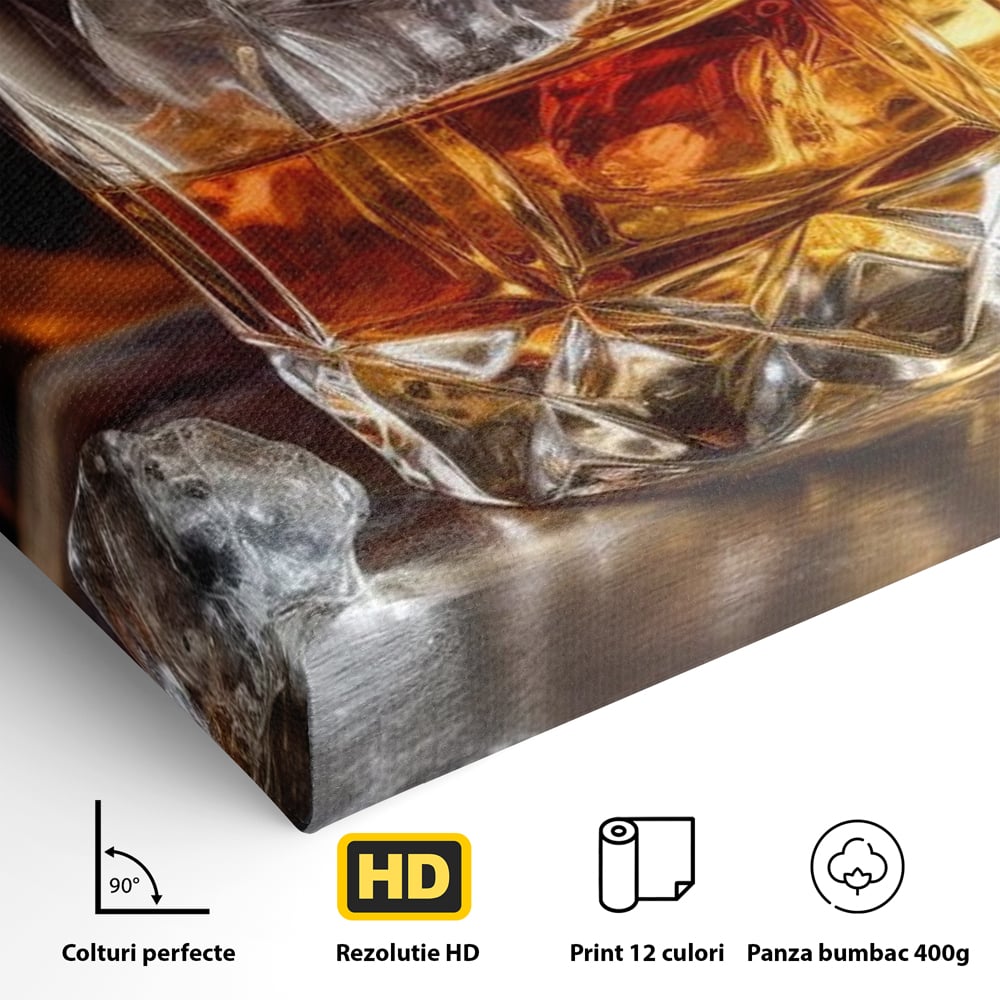 Tablou Canvas Premium, LuxCanva® N1034, Flacara in Cristal, Flacari, Foc, Whisky, Pahar, Bautura, Gheata, Rafinament, Relaxare, Pub, Lounge, Bar, Restaurant, Bucatarie
