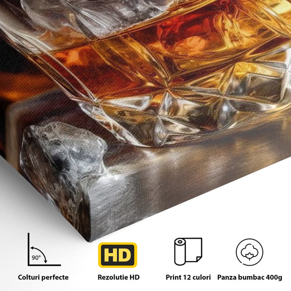 Tablou Canvas Premium, LuxCanva® N1034, Flacara in Cristal, Flacari, Foc, Whisky, Pahar, Bautura, Gheata, Rafinament, Relaxare, Pub, Lounge, Bar, Restaurant, Bucatarie