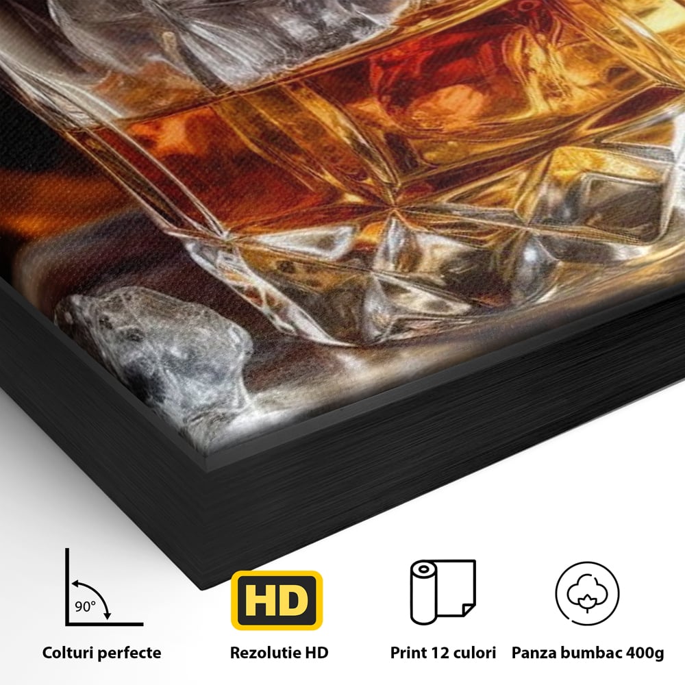 Tablou Canvas Premium, LuxCanva® N1034, Flacara in Cristal, Flacari, Foc, Whisky, Pahar, Bautura, Gheata, Rafinament, Relaxare, Pub, Lounge, Bar, Restaurant, Bucatarie