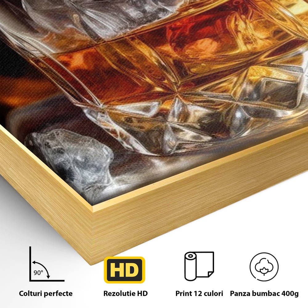 Tablou Canvas Premium, LuxCanva® N1034, Flacara in Cristal, Flacari, Foc, Whisky, Pahar, Bautura, Gheata, Rafinament, Relaxare, Pub, Lounge, Bar, Restaurant, Bucatarie