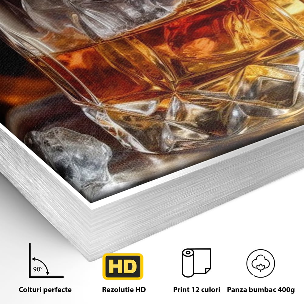 Tablou Canvas Premium, LuxCanva® N1034, Flacara in Cristal, Flacari, Foc, Whisky, Pahar, Bautura, Gheata, Rafinament, Relaxare, Pub, Lounge, Bar, Restaurant, Bucatarie