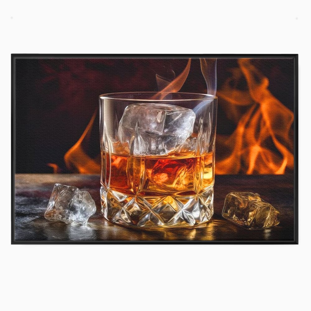 Tablou Canvas Premium, LuxCanva® N1034, Flacara in Cristal, Flacari, Foc, Whisky, Pahar, Bautura, Gheata, Rafinament, Relaxare, Pub, Lounge, Bar, Restaurant, Bucatarie