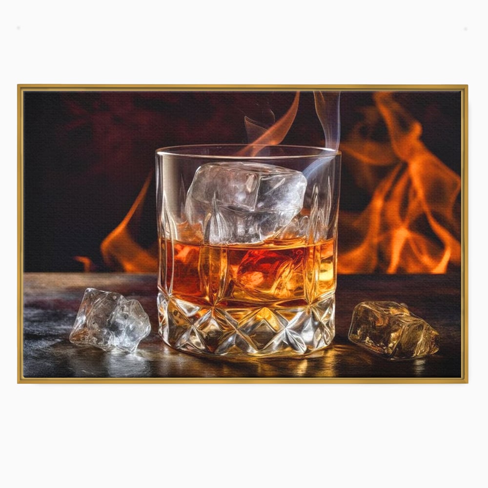 Tablou Canvas Premium, LuxCanva® N1034, Flacara in Cristal, Flacari, Foc, Whisky, Pahar, Bautura, Gheata, Rafinament, Relaxare, Pub, Lounge, Bar, Restaurant, Bucatarie