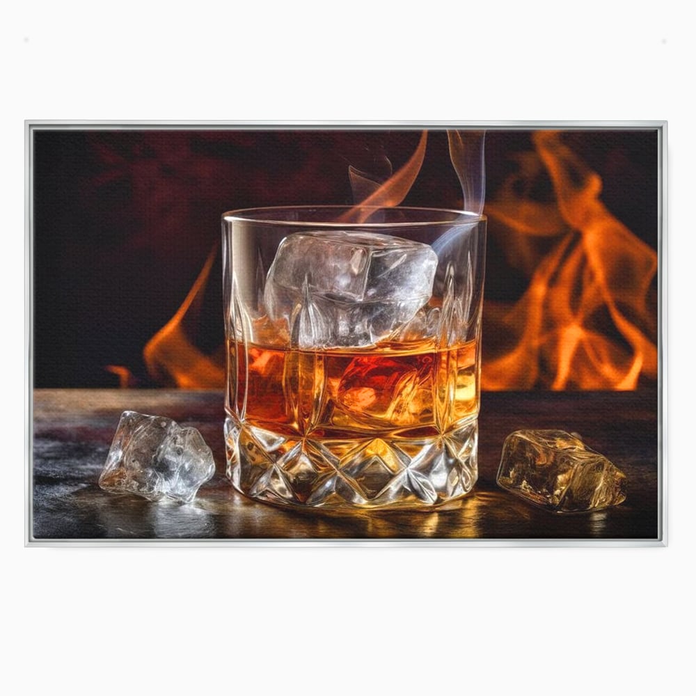 Tablou Canvas Premium, LuxCanva® N1034, Flacara in Cristal, Flacari, Foc, Whisky, Pahar, Bautura, Gheata, Rafinament, Relaxare, Pub, Lounge, Bar, Restaurant, Bucatarie