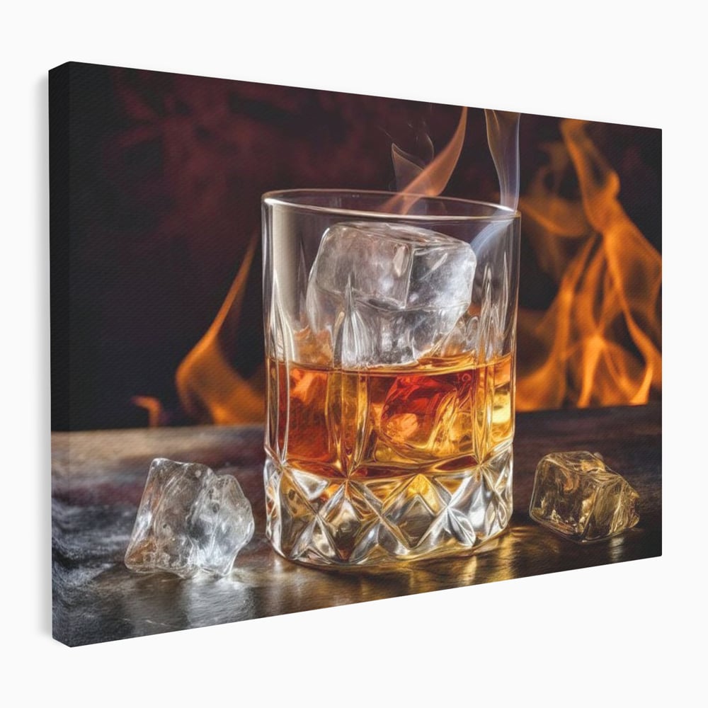 Tablou Canvas Premium, LuxCanva® N1034, Flacara in Cristal, Flacari, Foc, Whisky, Pahar, Bautura, Gheata, Rafinament, Relaxare, Pub, Lounge, Bar, Restaurant, Bucatarie
