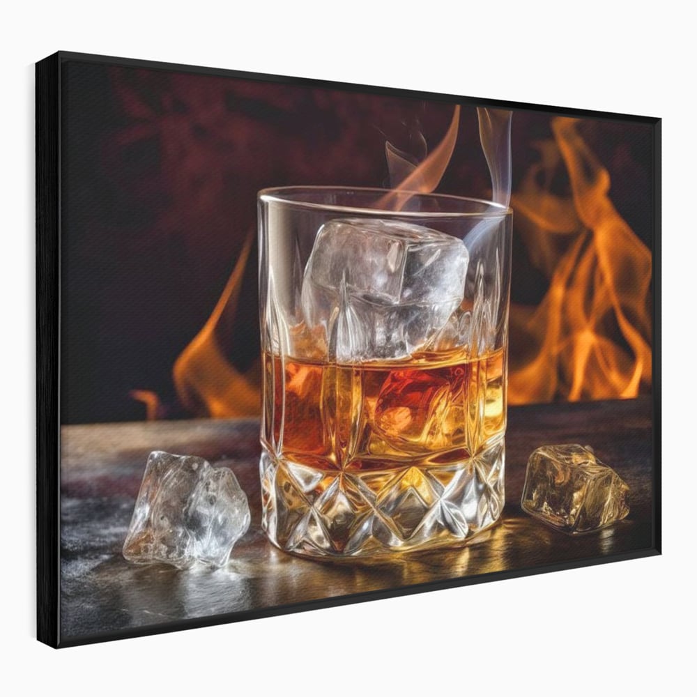 Tablou Canvas Premium, LuxCanva® N1034, Flacara in Cristal, Flacari, Foc, Whisky, Pahar, Bautura, Gheata, Rafinament, Relaxare, Pub, Lounge, Bar, Restaurant, Bucatarie