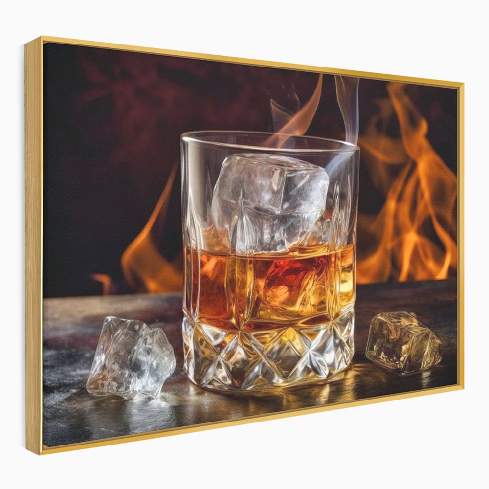 Tablou Canvas Premium, LuxCanva® N1034, Flacara in Cristal, Flacari, Foc, Whisky, Pahar, Bautura, Gheata, Rafinament, Relaxare, Pub, Lounge, Bar, Restaurant, Bucatarie