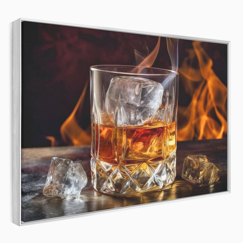 Tablou Canvas Premium, LuxCanva® N1034, Flacara in Cristal, Flacari, Foc, Whisky, Pahar, Bautura, Gheata, Rafinament, Relaxare, Pub, Lounge, Bar, Restaurant, Bucatarie