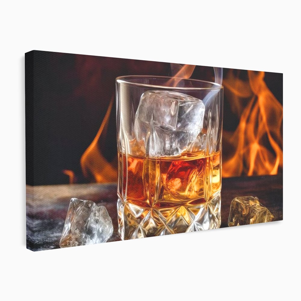 Tablou Canvas Premium, LuxCanva® N1034, Flacara in Cristal, Flacari, Foc, Whisky, Pahar, Bautura, Gheata, Rafinament, Relaxare, Pub, Lounge, Bar, Restaurant, Bucatarie