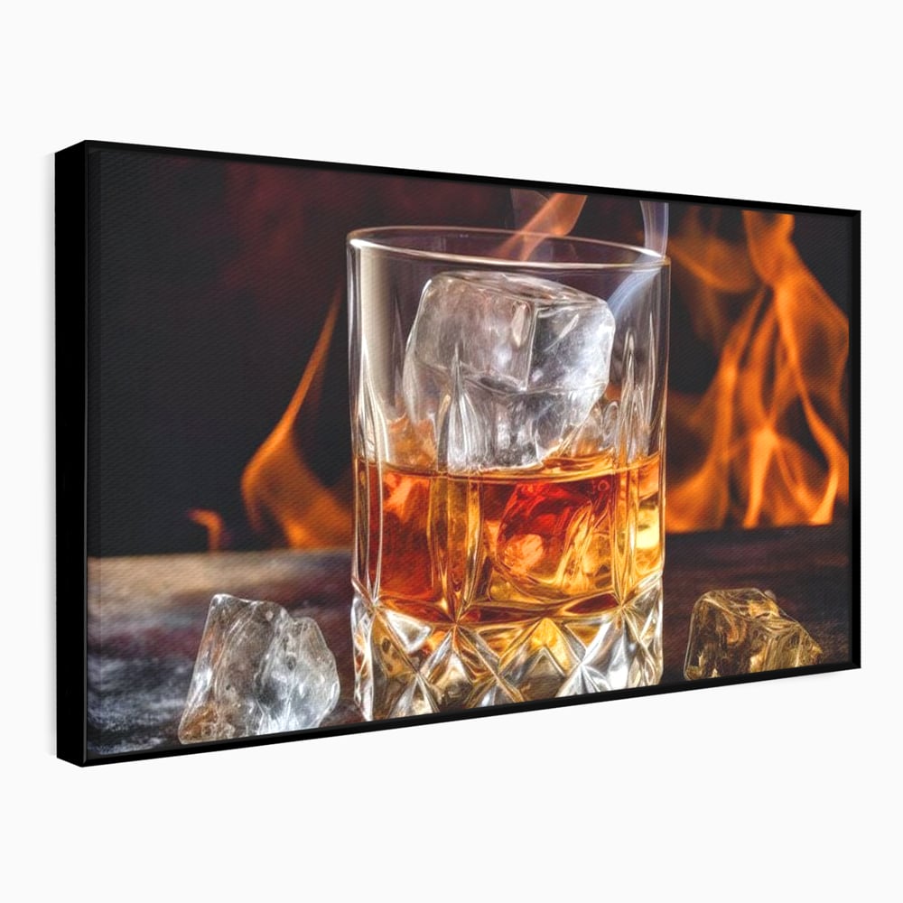 Tablou Canvas Premium, LuxCanva® N1034, Flacara in Cristal, Flacari, Foc, Whisky, Pahar, Bautura, Gheata, Rafinament, Relaxare, Pub, Lounge, Bar, Restaurant, Bucatarie