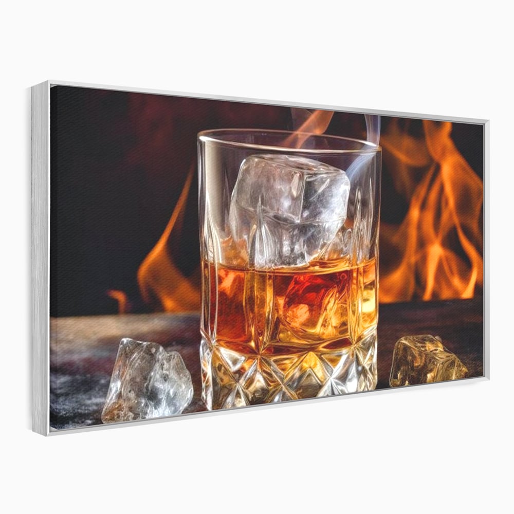 Tablou Canvas Premium, LuxCanva® N1034, Flacara in Cristal, Flacari, Foc, Whisky, Pahar, Bautura, Gheata, Rafinament, Relaxare, Pub, Lounge, Bar, Restaurant, Bucatarie