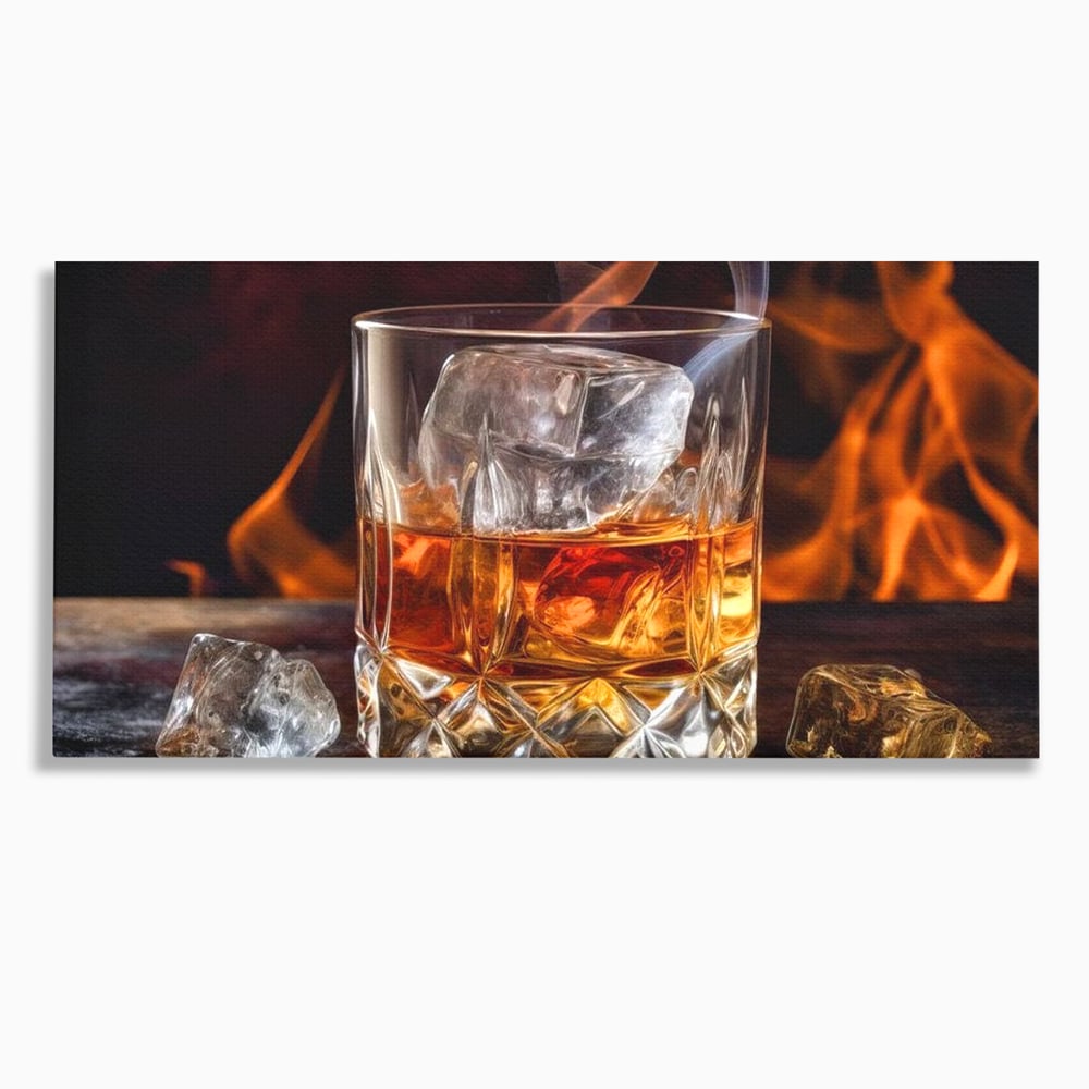 Tablou Canvas Premium, LuxCanva® N1034, Flacara in Cristal, Flacari, Foc, Whisky, Pahar, Bautura, Gheata, Rafinament, Relaxare, Pub, Lounge, Bar, Restaurant, Bucatarie