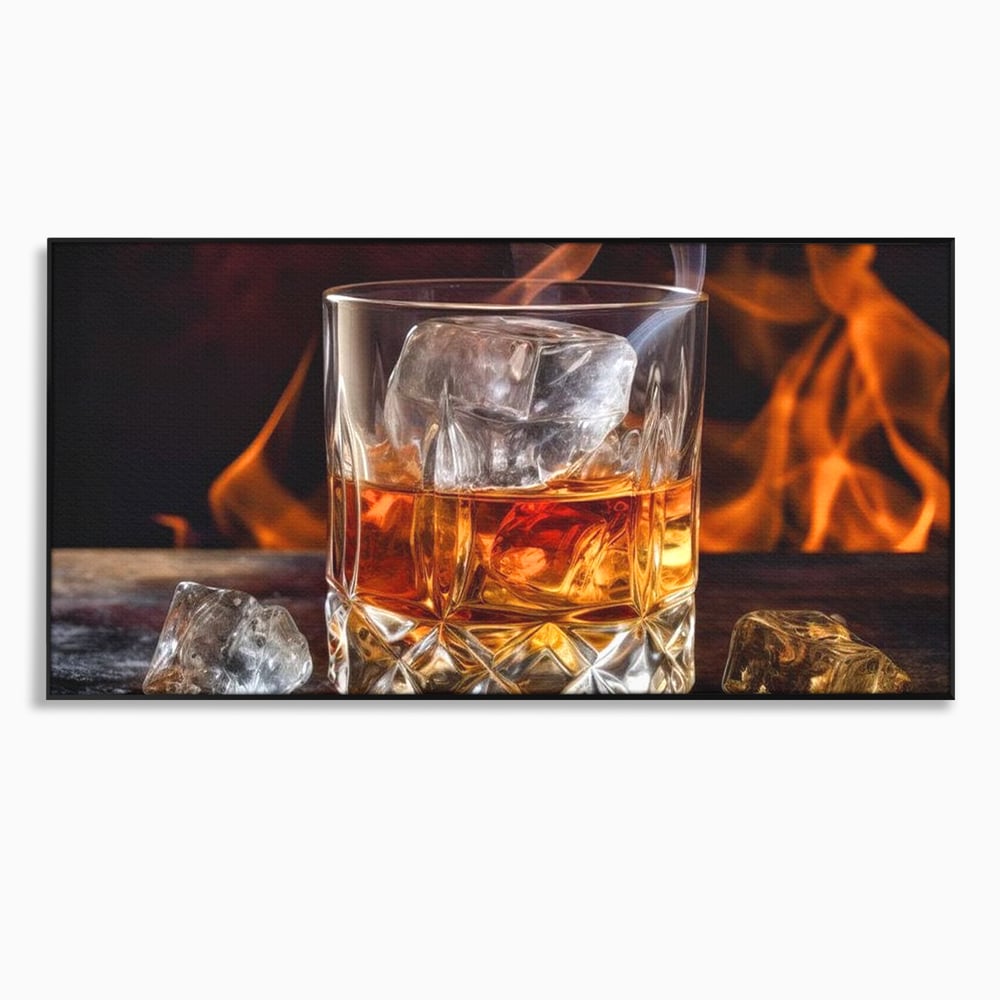 Tablou Canvas Premium, LuxCanva® N1034, Flacara in Cristal, Flacari, Foc, Whisky, Pahar, Bautura, Gheata, Rafinament, Relaxare, Pub, Lounge, Bar, Restaurant, Bucatarie