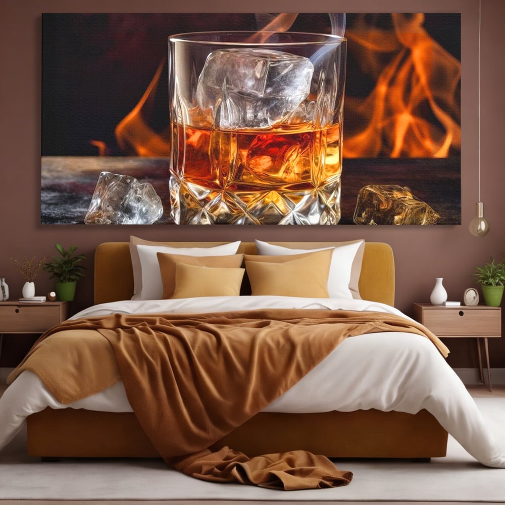 Tablou Canvas Premium, LuxCanva® N1034, Flacara in Cristal, Flacari, Foc, Whisky, Pahar, Bautura, Gheata, Rafinament, Relaxare, Pub, Lounge, Bar, Restaurant, Bucatarie