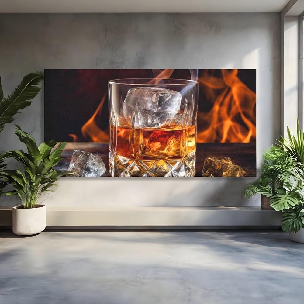 Tablou Canvas Premium, LuxCanva® N1034, Flacara in Cristal, Flacari, Foc, Whisky, Pahar, Bautura, Gheata, Rafinament, Relaxare, Pub, Lounge, Bar, Restaurant, Bucatarie