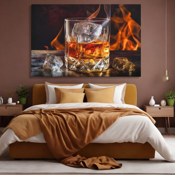 Tablou Canvas Premium, LuxCanva® N1034, Flacara in Cristal, Flacari, Foc, Whisky, Pahar, Bautura, Gheata, Rafinament, Relaxare, Pub, Lounge, Bar, Restaurant, Bucatarie