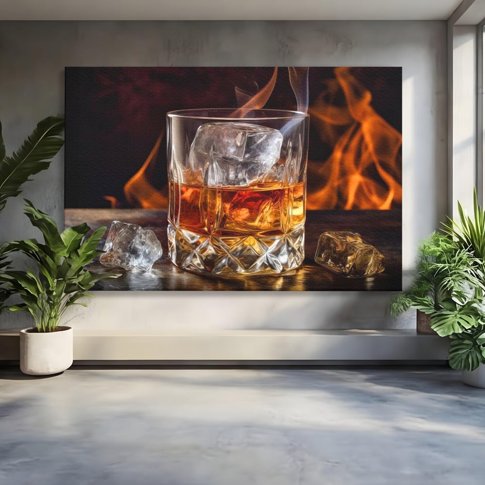 Tablou Canvas Premium, LuxCanva® N1034, Flacara in Cristal, Flacari, Foc, Whisky, Pahar, Bautura, Gheata, Rafinament, Relaxare, Pub, Lounge, Bar, Restaurant, Bucatarie