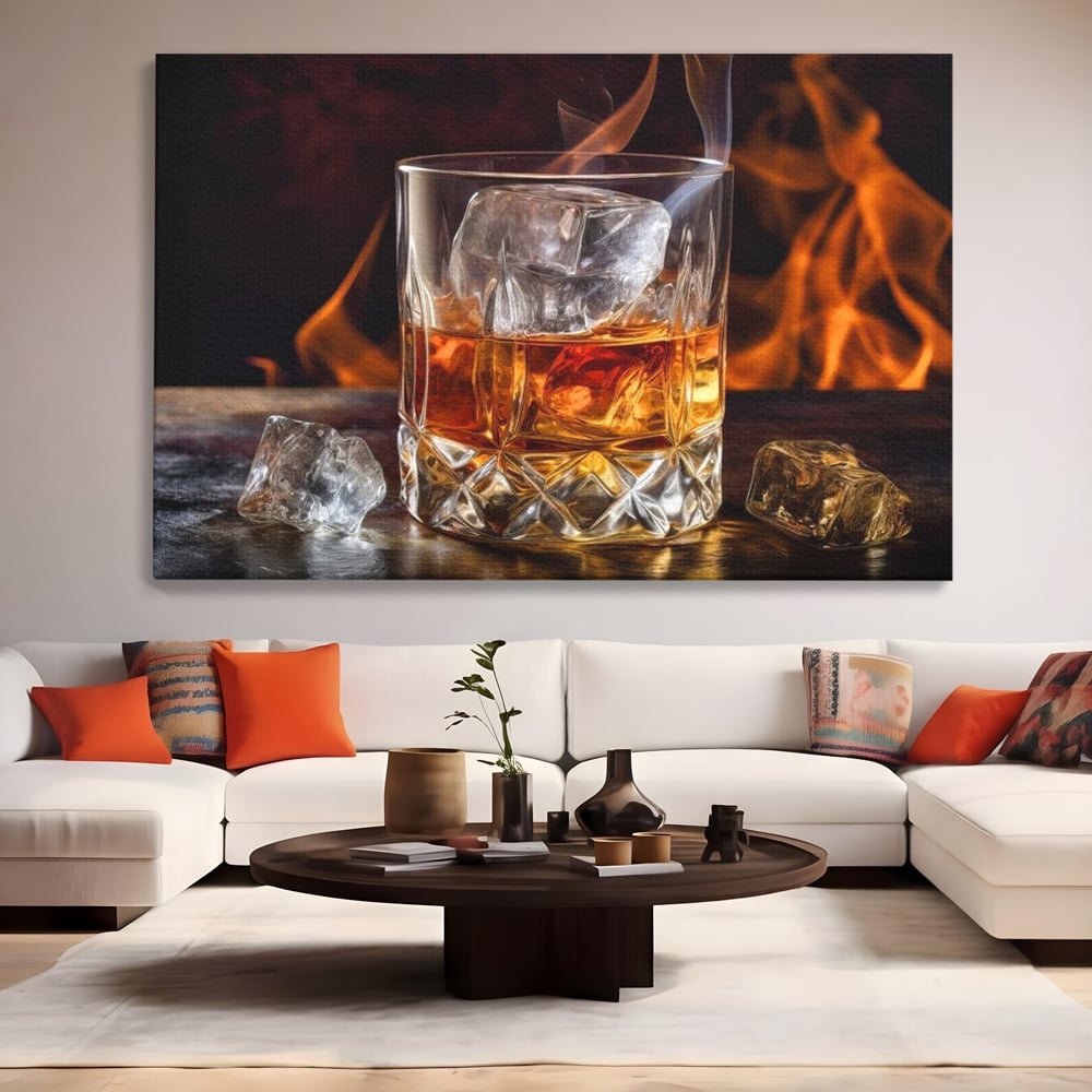 Tablou Canvas Premium, LuxCanva® N1034, Flacara in Cristal, Flacari, Foc, Whisky, Pahar, Bautura, Gheata, Rafinament, Relaxare, Pub, Lounge, Bar, Restaurant, Bucatarie