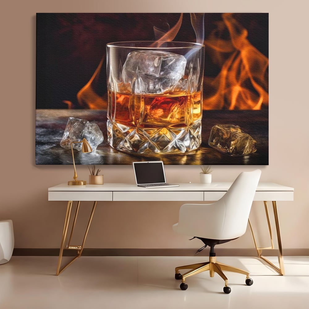 Tablou Canvas Premium, LuxCanva® N1034, Flacara in Cristal, Flacari, Foc, Whisky, Pahar, Bautura, Gheata, Rafinament, Relaxare, Pub, Lounge, Bar, Restaurant, Bucatarie
