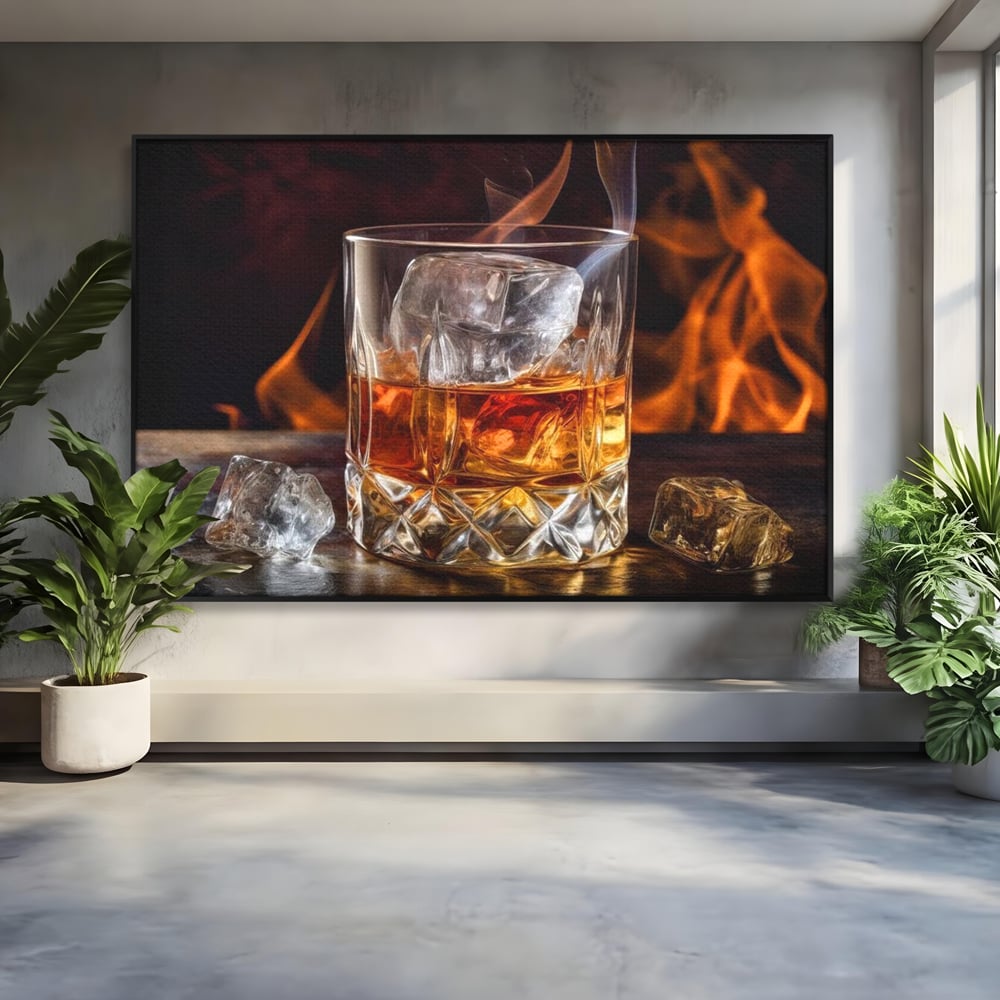 Tablou Canvas Premium, LuxCanva® N1034, Flacara in Cristal, Flacari, Foc, Whisky, Pahar, Bautura, Gheata, Rafinament, Relaxare, Pub, Lounge, Bar, Restaurant, Bucatarie