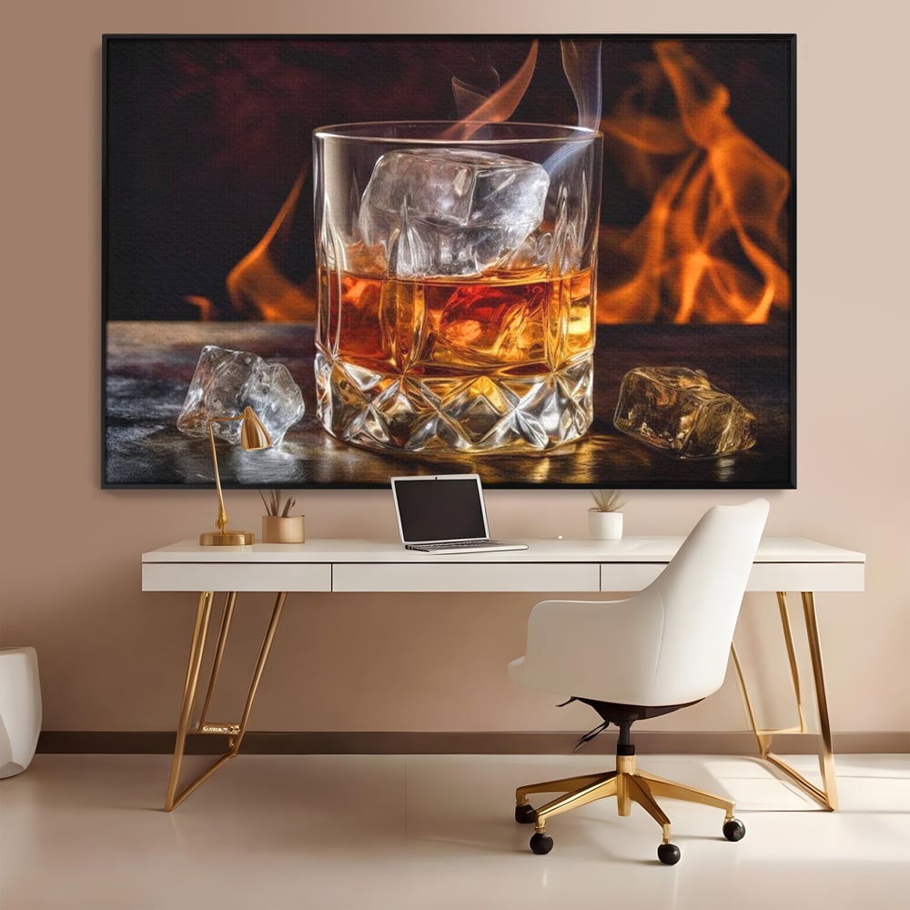 Tablou Canvas Premium, LuxCanva® N1034, Flacara in Cristal, Flacari, Foc, Whisky, Pahar, Bautura, Gheata, Rafinament, Relaxare, Pub, Lounge, Bar, Restaurant, Bucatarie