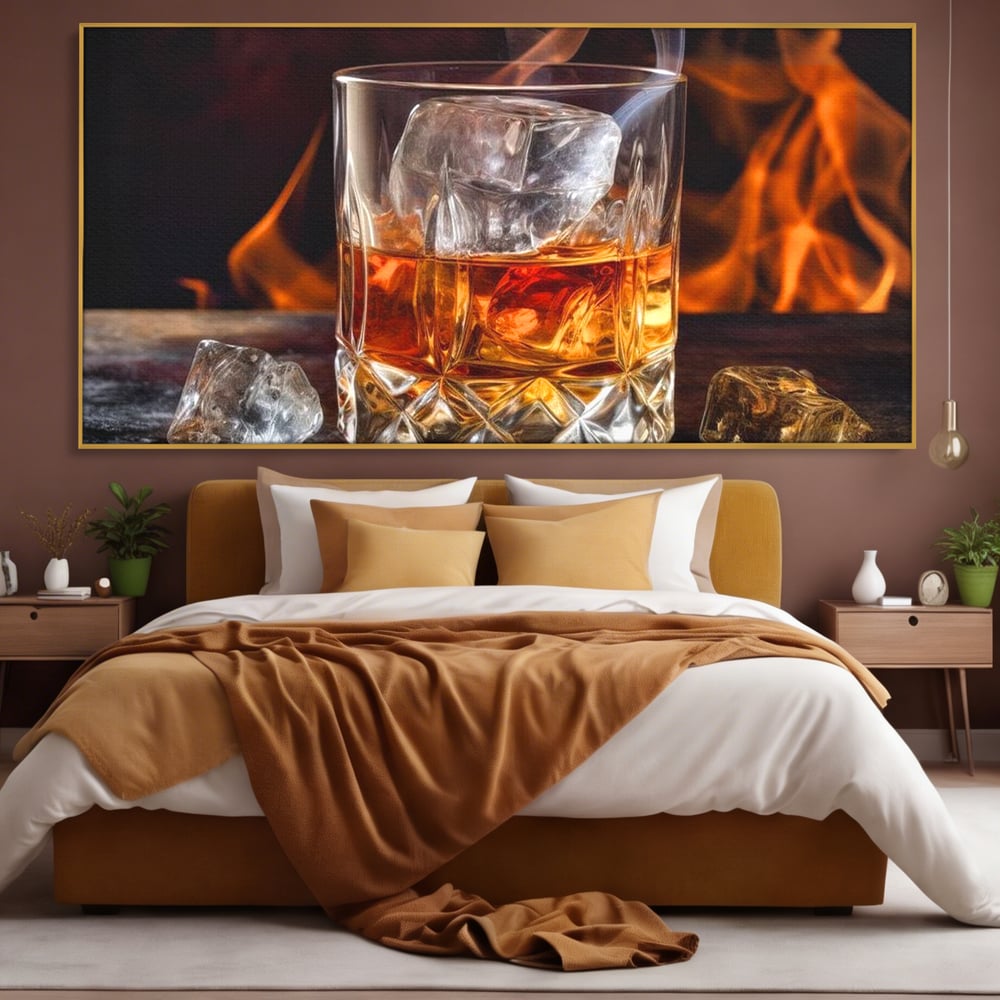 Tablou Canvas Premium, LuxCanva® N1034, Flacara in Cristal, Flacari, Foc, Whisky, Pahar, Bautura, Gheata, Rafinament, Relaxare, Pub, Lounge, Bar, Restaurant, Bucatarie