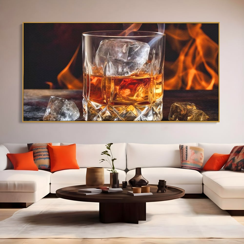 Tablou Canvas Premium, LuxCanva® N1034, Flacara in Cristal, Flacari, Foc, Whisky, Pahar, Bautura, Gheata, Rafinament, Relaxare, Pub, Lounge, Bar, Restaurant, Bucatarie