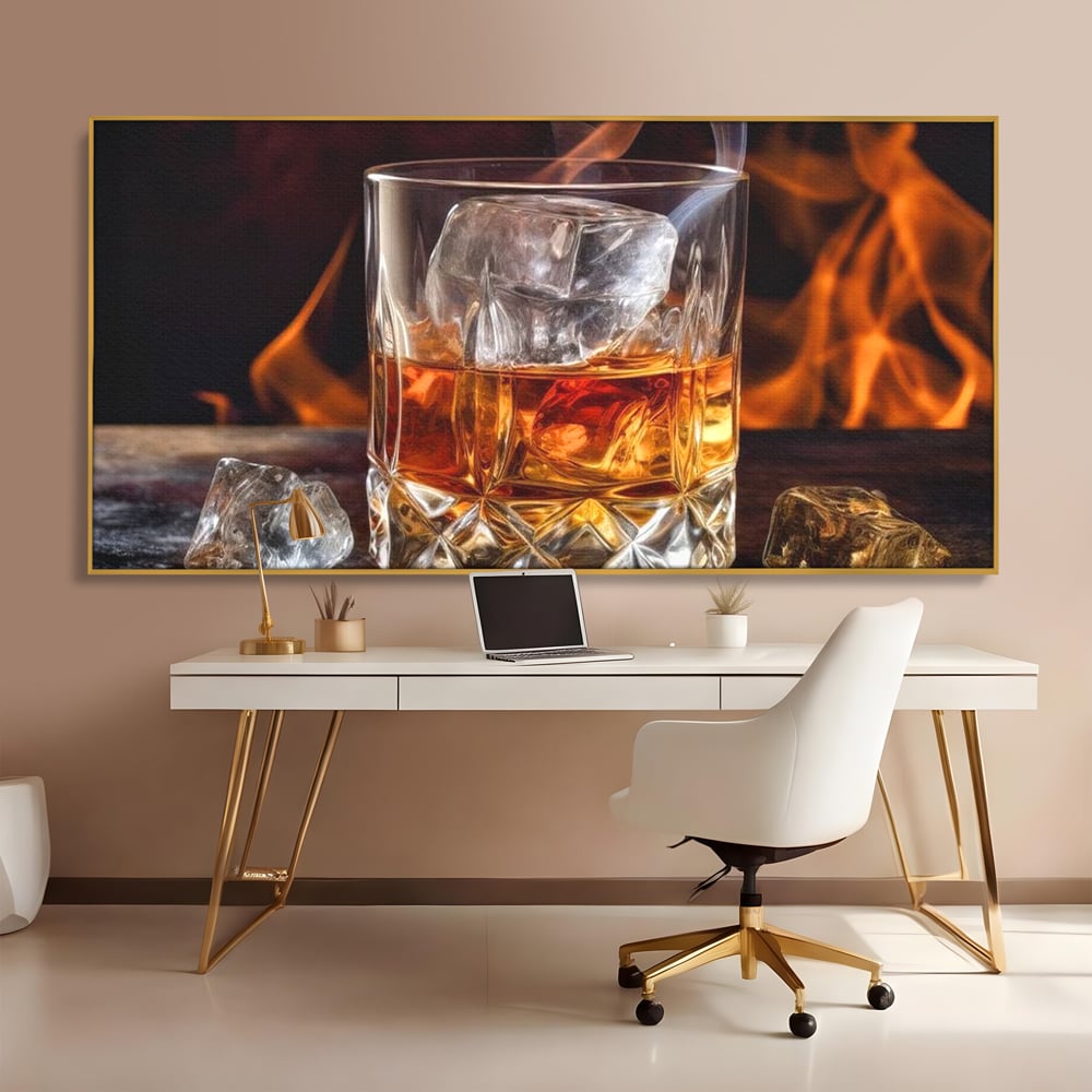 Tablou Canvas Premium, LuxCanva® N1034, Flacara in Cristal, Flacari, Foc, Whisky, Pahar, Bautura, Gheata, Rafinament, Relaxare, Pub, Lounge, Bar, Restaurant, Bucatarie