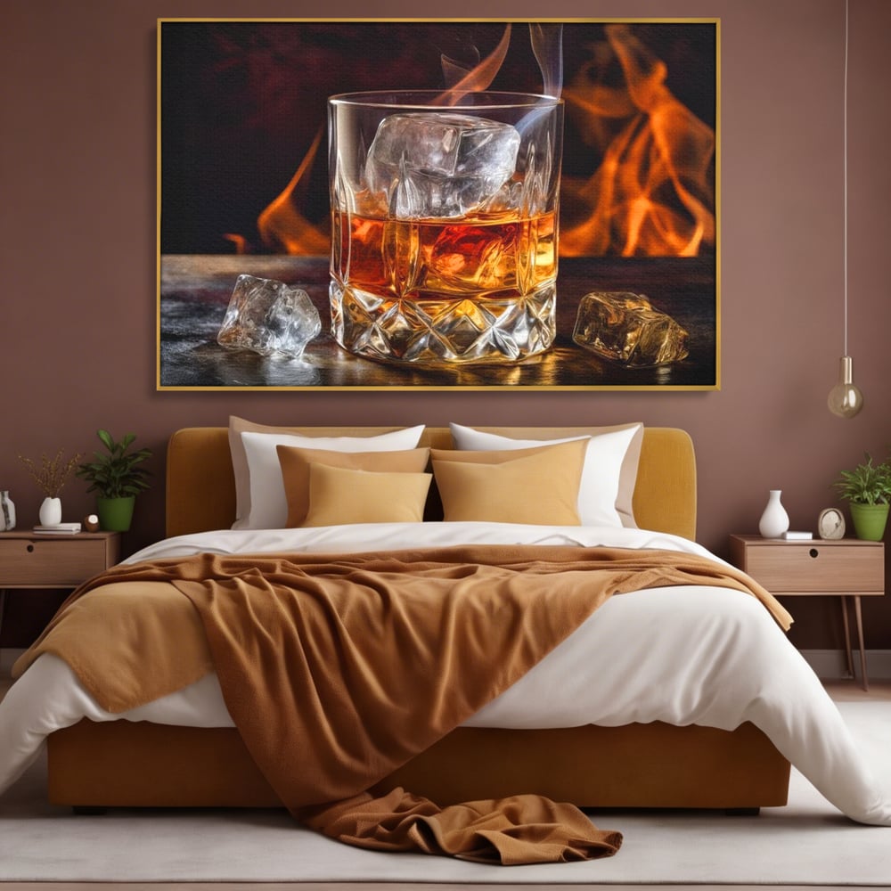 Tablou Canvas Premium, LuxCanva® N1034, Flacara in Cristal, Flacari, Foc, Whisky, Pahar, Bautura, Gheata, Rafinament, Relaxare, Pub, Lounge, Bar, Restaurant, Bucatarie