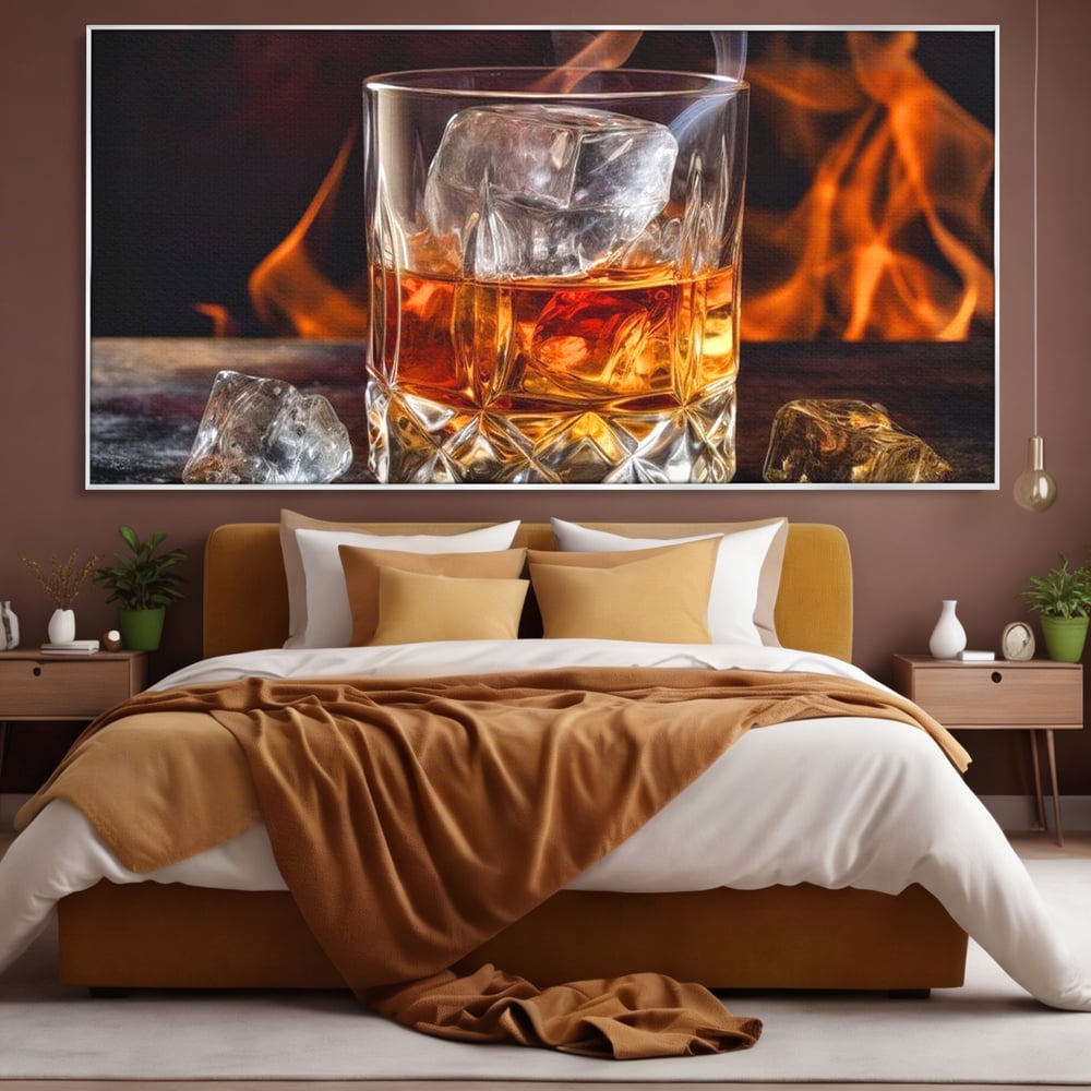 Tablou Canvas Premium, LuxCanva® N1034, Flacara in Cristal, Flacari, Foc, Whisky, Pahar, Bautura, Gheata, Rafinament, Relaxare, Pub, Lounge, Bar, Restaurant, Bucatarie