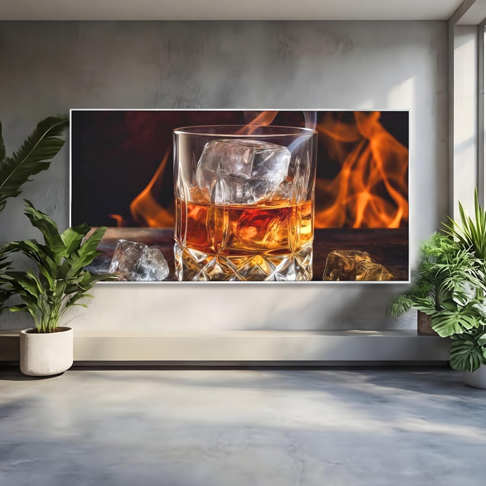 Tablou Canvas Premium, LuxCanva® N1034, Flacara in Cristal, Flacari, Foc, Whisky, Pahar, Bautura, Gheata, Rafinament, Relaxare, Pub, Lounge, Bar, Restaurant, Bucatarie