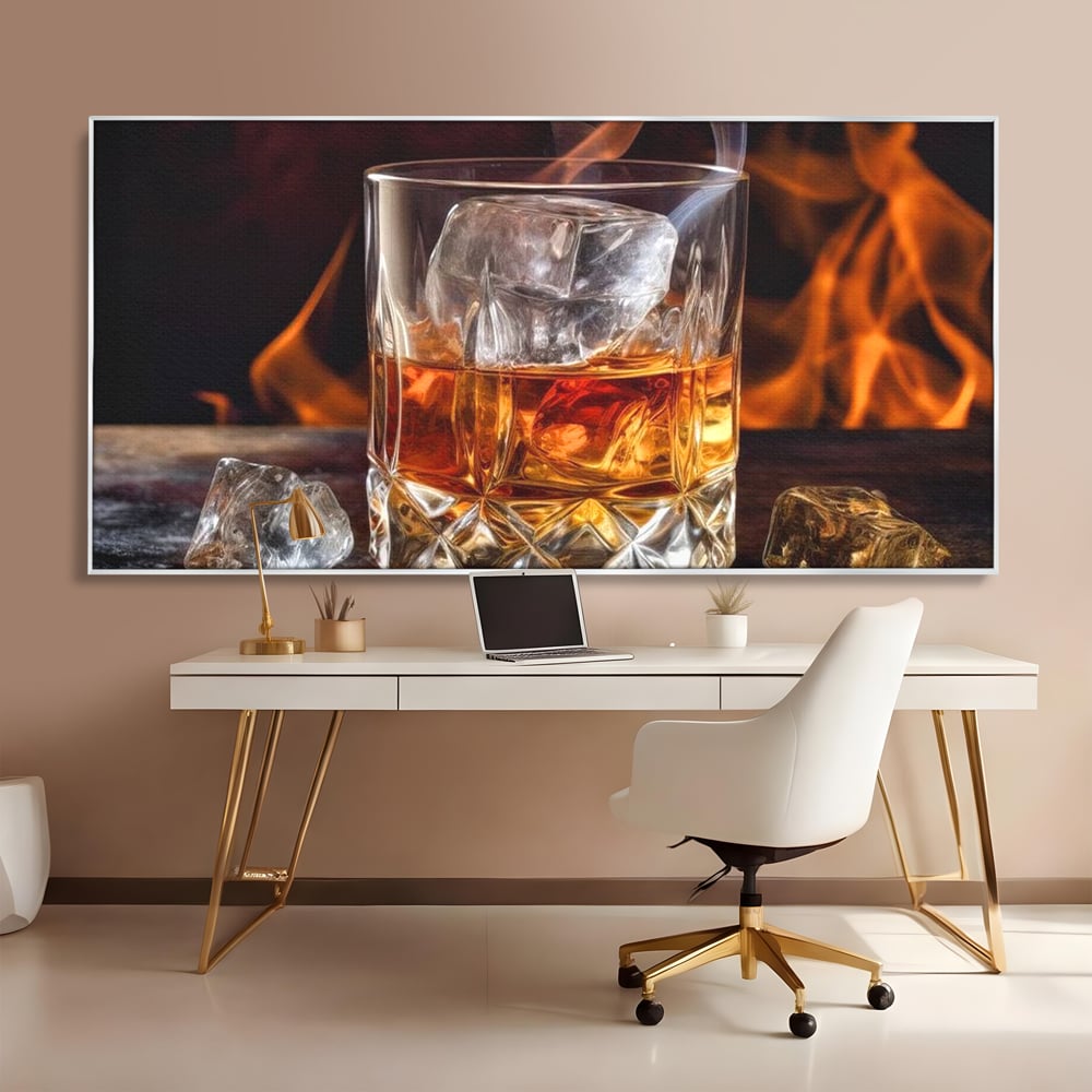Tablou Canvas Premium, LuxCanva® N1034, Flacara in Cristal, Flacari, Foc, Whisky, Pahar, Bautura, Gheata, Rafinament, Relaxare, Pub, Lounge, Bar, Restaurant, Bucatarie