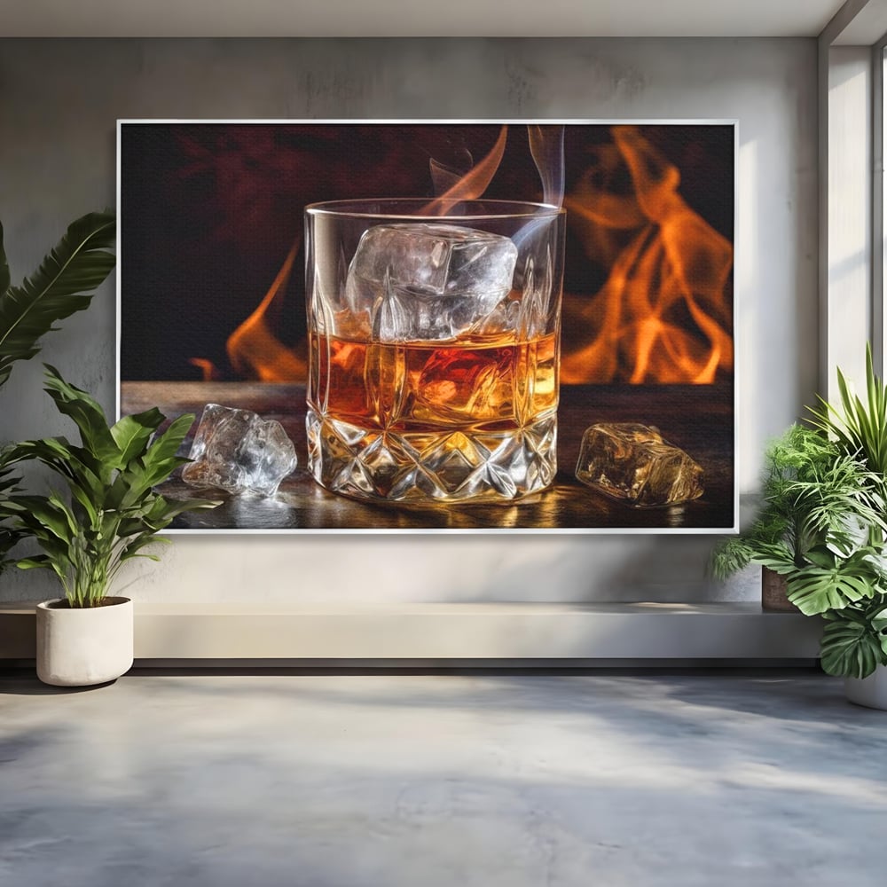 Tablou Canvas Premium, LuxCanva® N1034, Flacara in Cristal, Flacari, Foc, Whisky, Pahar, Bautura, Gheata, Rafinament, Relaxare, Pub, Lounge, Bar, Restaurant, Bucatarie