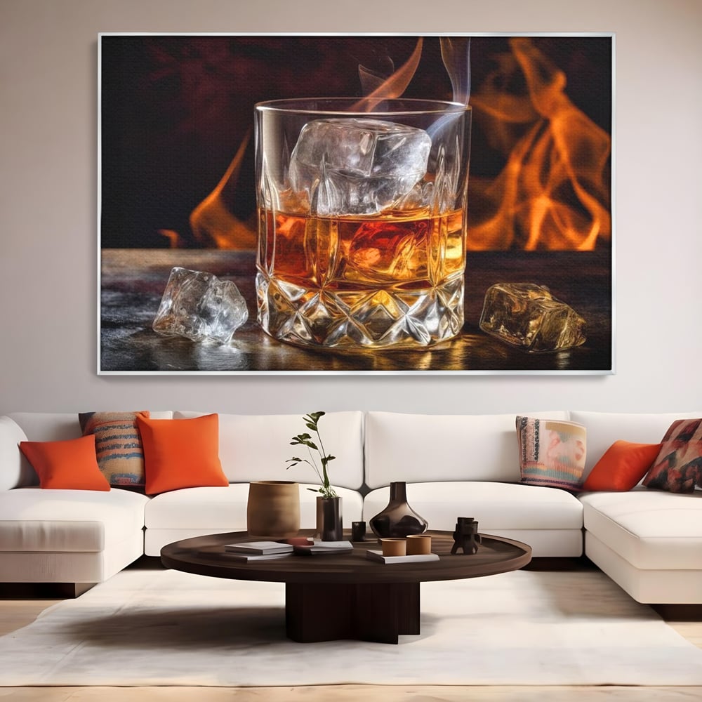 Tablou Canvas Premium, LuxCanva® N1034, Flacara in Cristal, Flacari, Foc, Whisky, Pahar, Bautura, Gheata, Rafinament, Relaxare, Pub, Lounge, Bar, Restaurant, Bucatarie