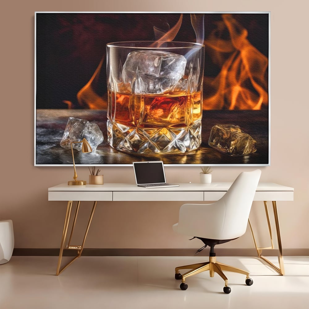 Tablou Canvas Premium, LuxCanva® N1034, Flacara in Cristal, Flacari, Foc, Whisky, Pahar, Bautura, Gheata, Rafinament, Relaxare, Pub, Lounge, Bar, Restaurant, Bucatarie