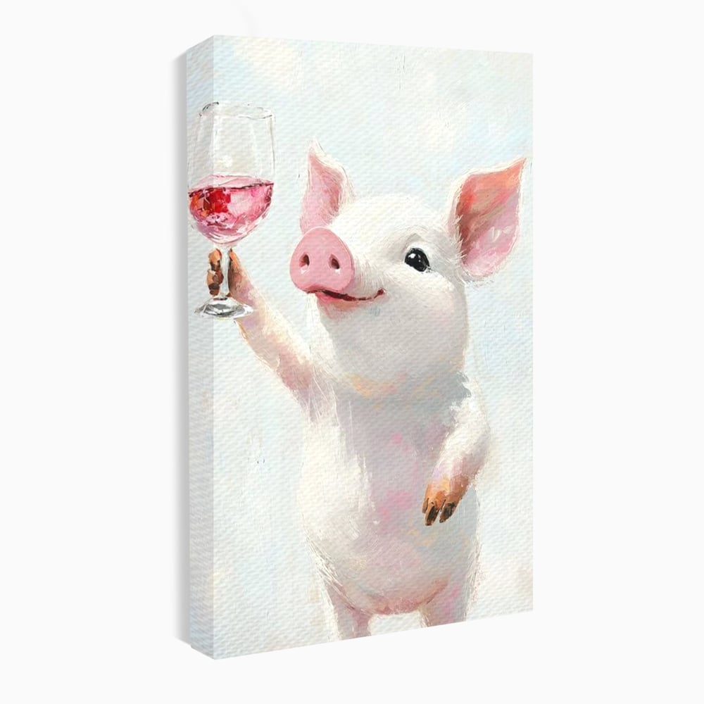 Tablou Canvas Premium, LuxCanva® N1036, Somelierul Rozaliu, Purcel, Animal, Pahar, Vin Rosu, Toast, Dragalas, Petrecere, Veselie, Noroc, Pub, Bar, Restaurant, Bucatarie