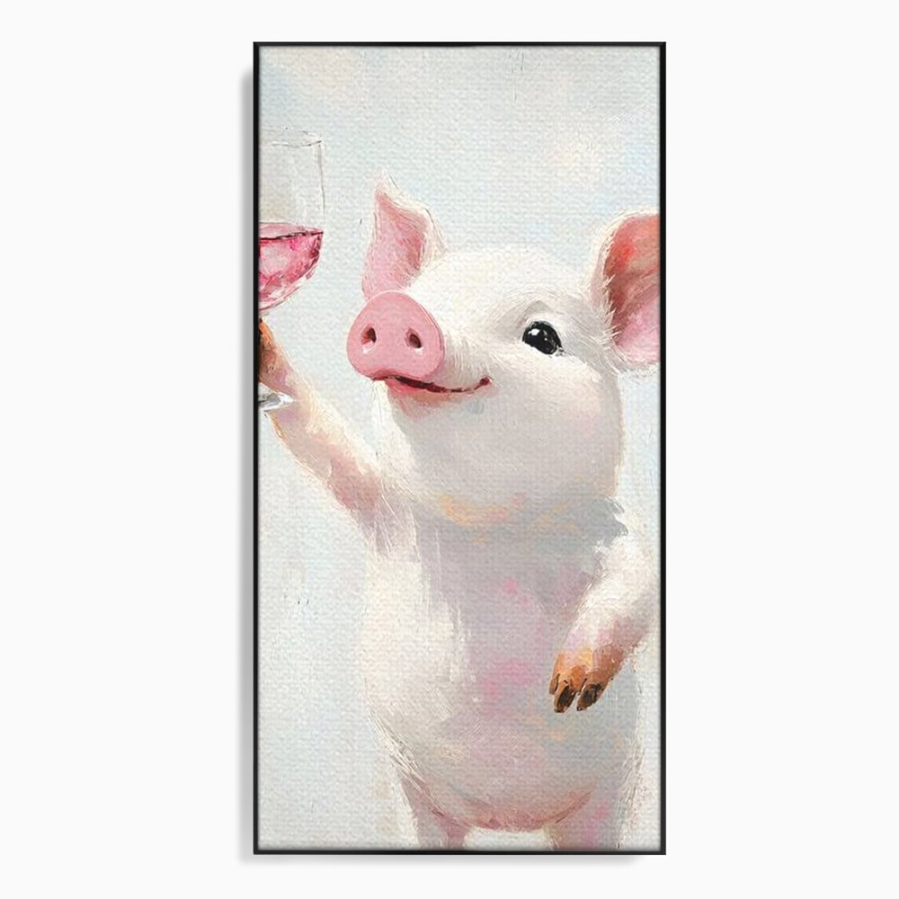 Tablou Canvas Premium, LuxCanva® N1036, Somelierul Rozaliu, Purcel, Animal, Pahar, Vin Rosu, Toast, Dragalas, Petrecere, Veselie, Noroc, Pub, Bar, Restaurant, Bucatarie