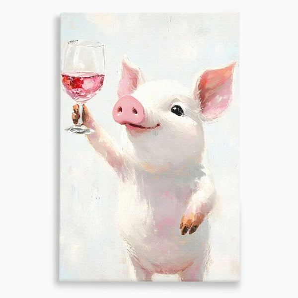 Tablou Canvas Premium, LuxCanva® N1036, Somelierul Rozaliu, Purcel, Animal, Pahar, Vin Rosu, Toast, Dragalas, Petrecere, Veselie, Noroc, Pub, Bar, Restaurant, Bucatarie