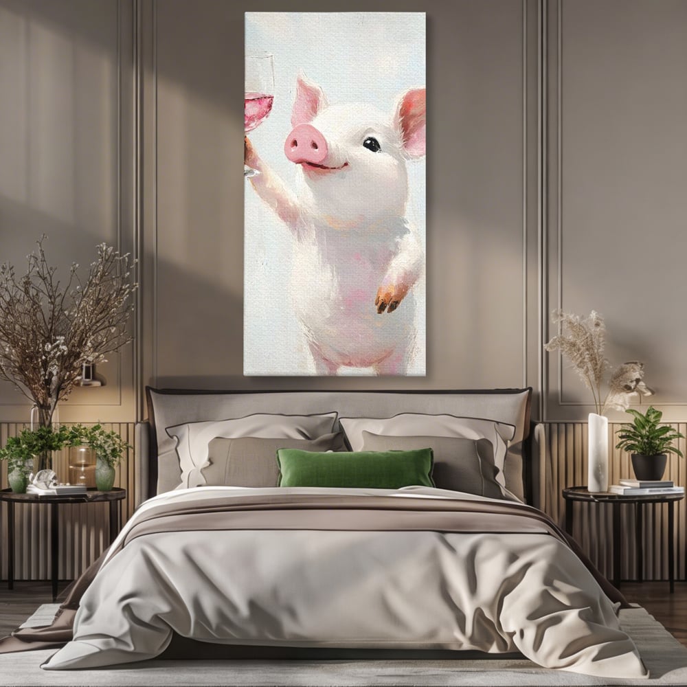 Tablou Canvas Premium, LuxCanva® N1036, Somelierul Rozaliu, Purcel, Animal, Pahar, Vin Rosu, Toast, Dragalas, Petrecere, Veselie, Noroc, Pub, Bar, Restaurant, Bucatarie