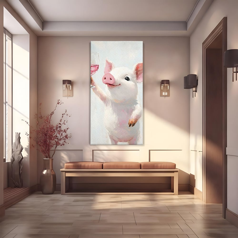 Tablou Canvas Premium, LuxCanva® N1036, Somelierul Rozaliu, Purcel, Animal, Pahar, Vin Rosu, Toast, Dragalas, Petrecere, Veselie, Noroc, Pub, Bar, Restaurant, Bucatarie
