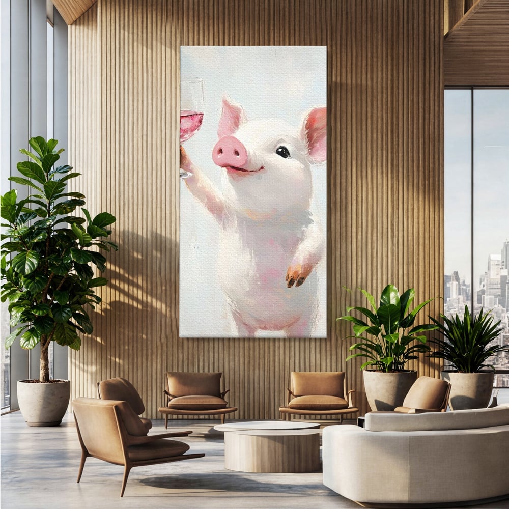 Tablou Canvas Premium, LuxCanva® N1036, Somelierul Rozaliu, Purcel, Animal, Pahar, Vin Rosu, Toast, Dragalas, Petrecere, Veselie, Noroc, Pub, Bar, Restaurant, Bucatarie