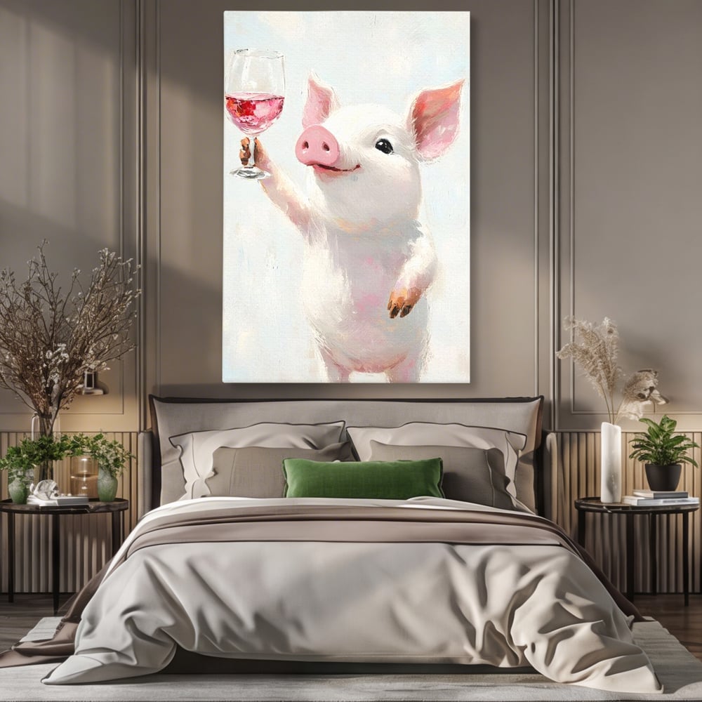 Tablou Canvas Premium, LuxCanva® N1036, Somelierul Rozaliu, Purcel, Animal, Pahar, Vin Rosu, Toast, Dragalas, Petrecere, Veselie, Noroc, Pub, Bar, Restaurant, Bucatarie